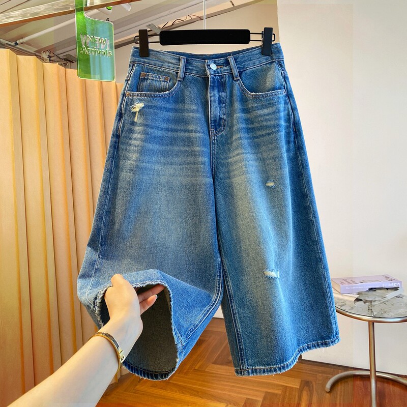 High-End European-Style Ripped Cropped Jeans for Women, Summer Thin High-Waisted Loose Slimming Straight-Leg Hip-Covering Wide-Leg Mid-Length Pants