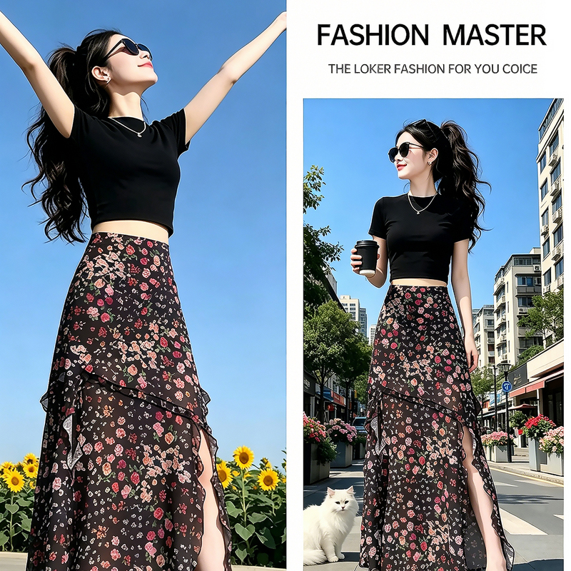 Fashion Master Slimming Waist T-Shirt Paired with A-Line Slimming Design Skirt for Summer Xh Fashion Master Slimming Waist T-Shirt Paired with A-Line Slimming Design Skirt for Summer Xh
