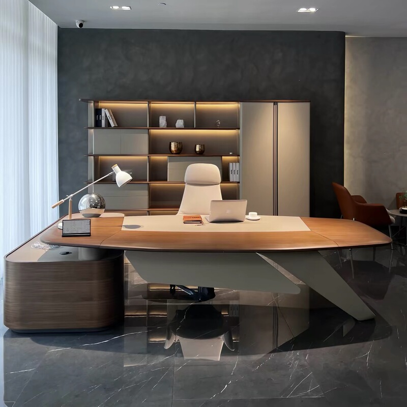 High-End Italian-Style Executive Desk Made of Black Walnut Wood, Irregularly Shaped Curved Executive Desk, Simple Modern Ceo Desk and Chair Set High-End Italian-Style Executive Desk Made of Black Walnut Wood, Irregularly Shaped Curved Executive Desk, Simple Modern Ceo Desk and Chair Set