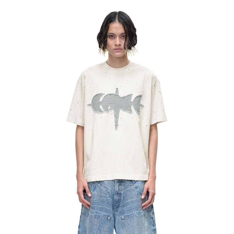 (Tbhnp) Theboyhasnopatience Sunlight and Moonlight Applique Rhinestone Washed Short Sleeve T-Shirt