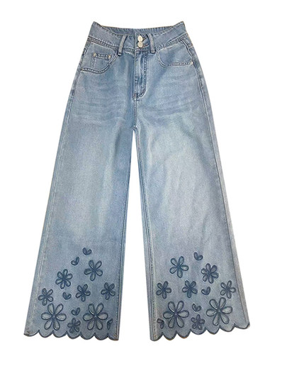 Designed Floral Hollow-Out Jeans for Women, 2025 Summer Thin Style, Plus Size, Pear-Shaped Body, High-Waisted Straight Wide-Leg Pants