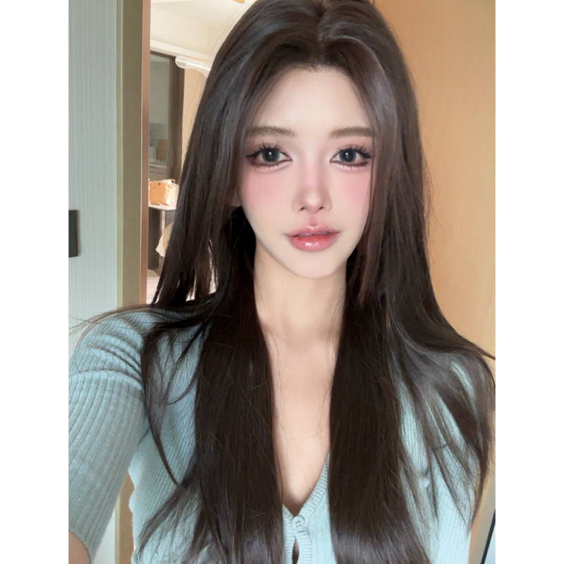 Yumu Xiao Iu New Full Head Wig Seamless Invisible Large Area Natural Imported Silk Black Long Straight Women's Wig Set