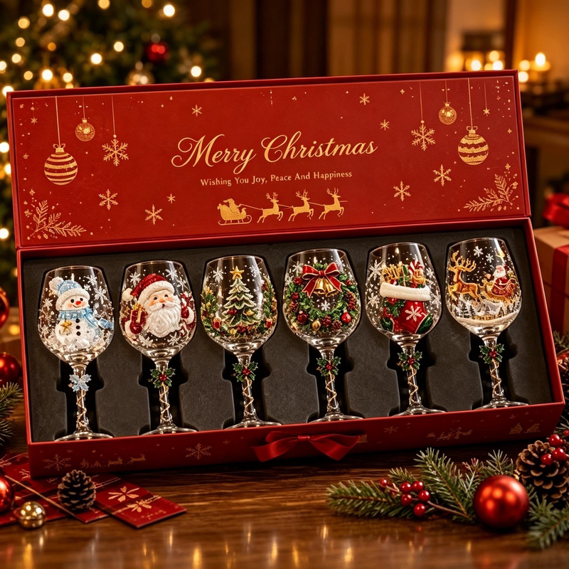 Christmas Goblets, Santa Claus and Snowman Pattern Glass Wine Glass Set, Holiday Dinner Gift Box Set
