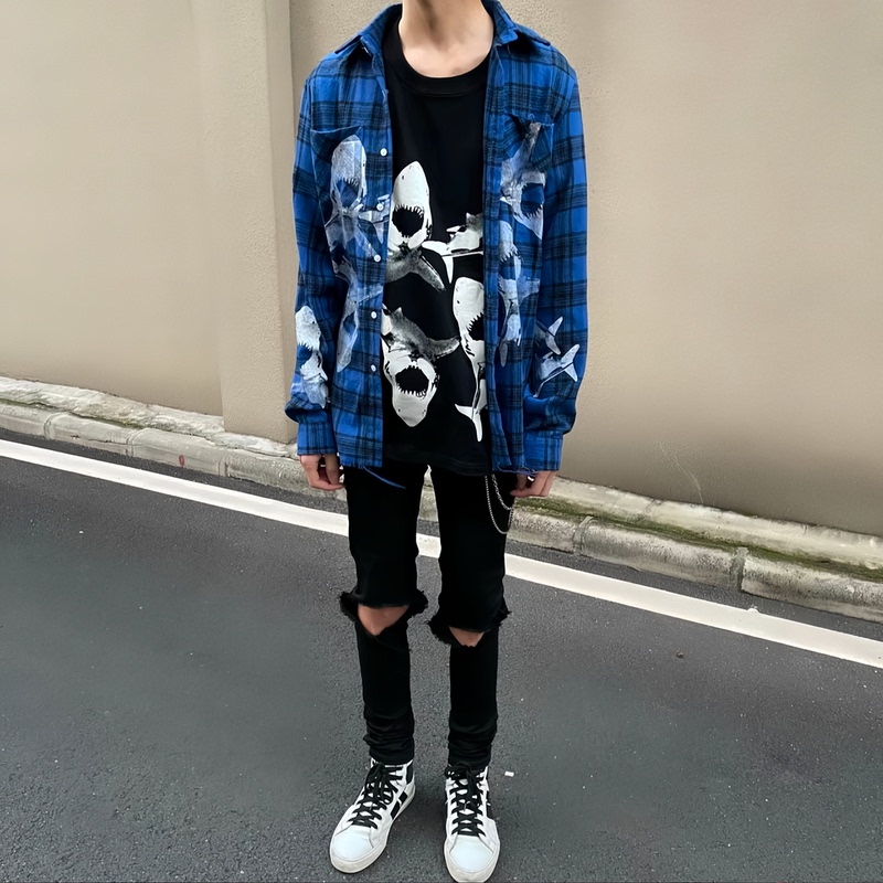 Shangshanjia Blue Shark Pattern Shirt, High Street Entry-Level Student Popular Blue Plaid Loose Shirt, Unisex Shangshanjia Blue Shark Pattern Shirt, High Street Entry-Level Student Popular Blue Plaid Loose Shirt, Unisex