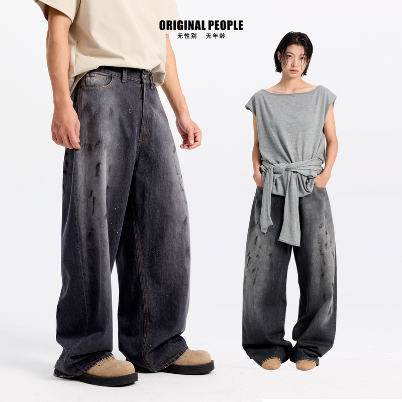 Original People[O:P Link Series] Design-Inspired Retro Gradient Splash-Ink Wide-Leg Jeans