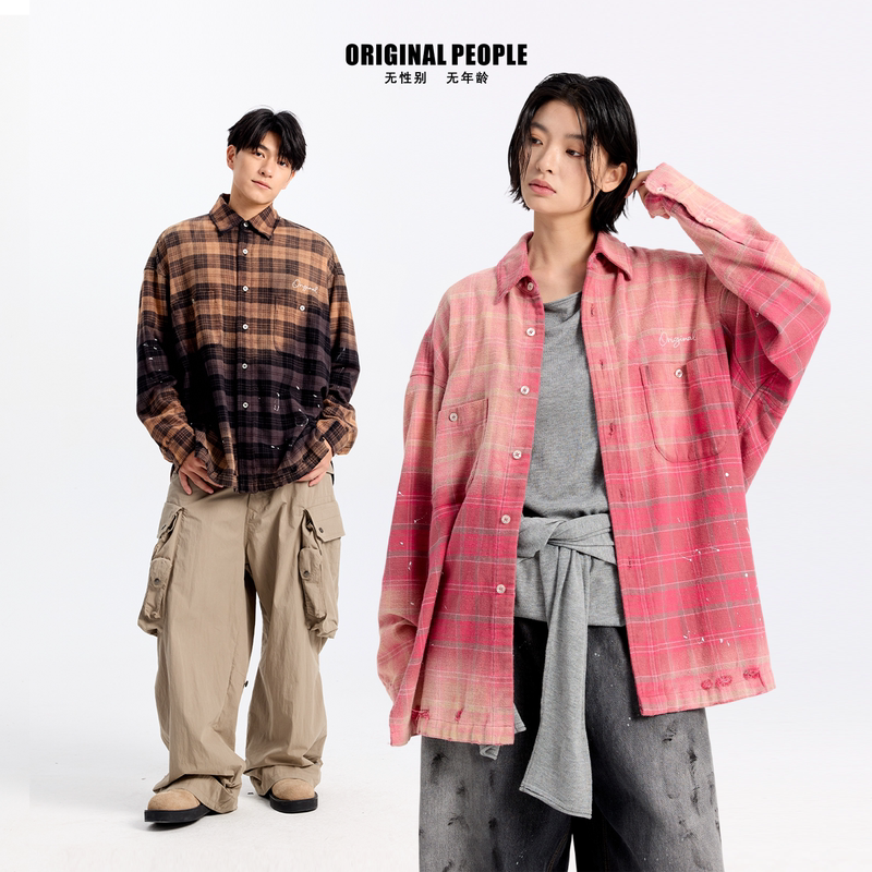 Original People[O:P Link Series] Spring and Autumn Gradient Plaid Shirt Jacket Women's Shirt Top
