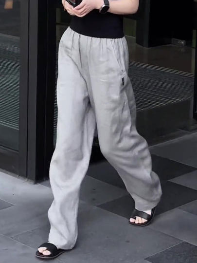 银灰色松紧腰垂感亚麻裤女2025夏季爆款气质简约舒适透气百搭长裤
