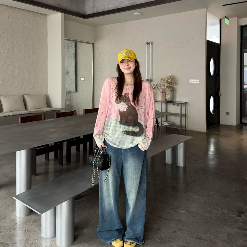 Jinggu Ruanruan [Little Flower Cat] 26 Spring Slightly Chubby High-End Color-Block Animal Pattern Mesh Top T-Shirt