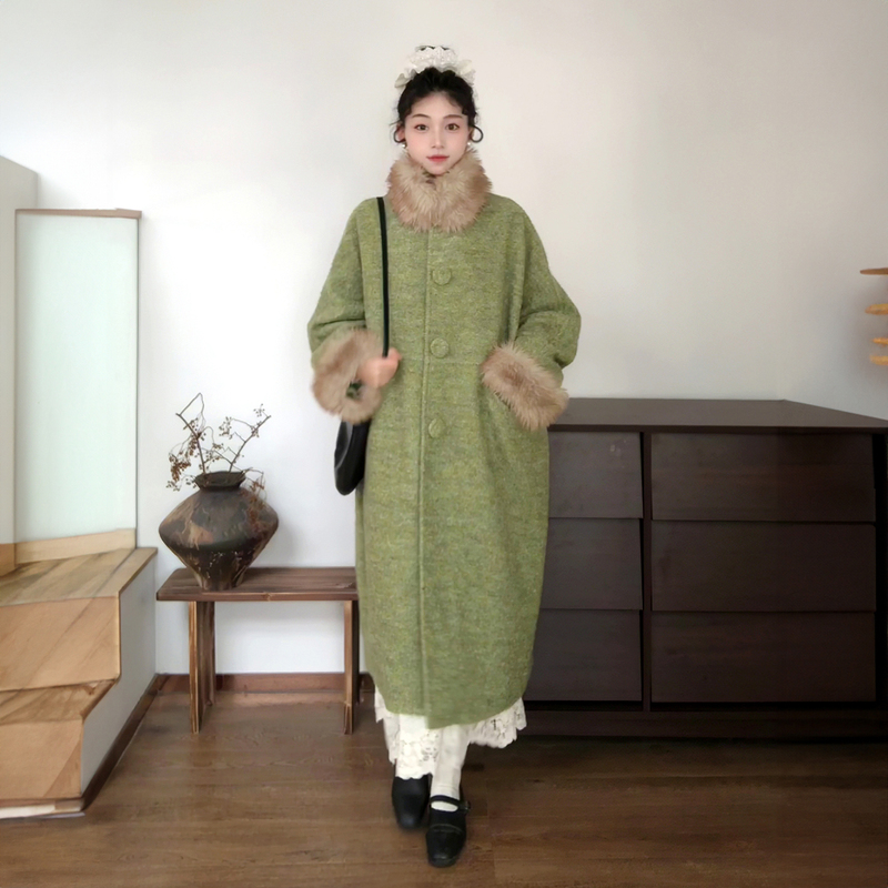 Retro Versatile Green Woolen Coat for Women in Autumn and Winter, Lazy Style, Loose and Slim, Mid-Length Woolen Coat