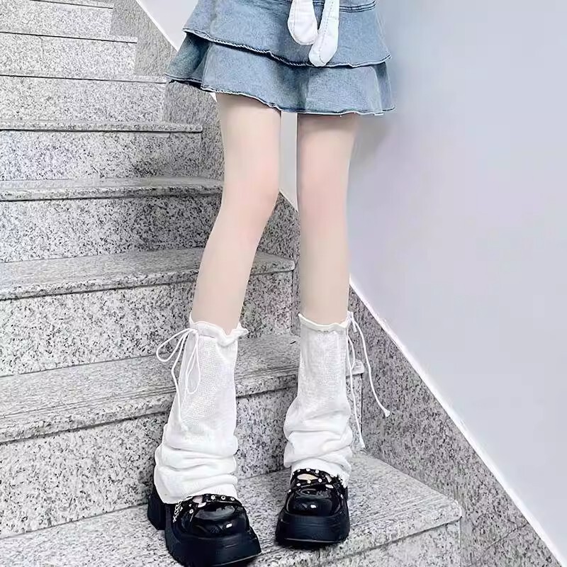 French Romantic Ribbon Ballet Style Pile Socks for Women Summer Thin Mid-Tube Mesh Floral Fairy Lace Leg Covers