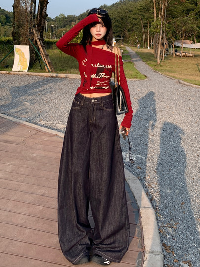 丹宁蓝美式阔腿牛仔裤女2025年秋季垂感慵懒感宽松深蓝色直筒裤子