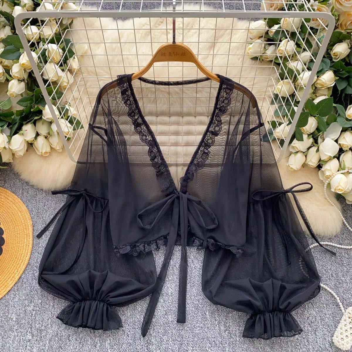 Милая верхняя одежда на шнуровке с кружевной строчкой, сетчатый жакет с рукавами-фонариками, женская тонкая прозрачная шифоновая шаль, женская рубашка с солнцезащитным кремом