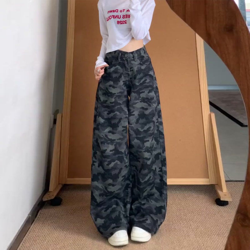 2026 Autumn New American Retro Camouflage Workwear Casual Pants for Women Fashionable Loose Wide-Leg Straight Camouflage Pants