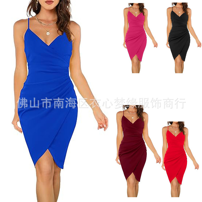 Amazon Cross-Border Women's 2023 V-Neck Spaghetti Strap Ruched Bodycon Cocktail Party Evening Dress
