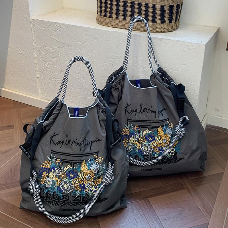 Japanese Authentic Ball Chain Embroidered Shopping Bag, Casual Large-Capacity Nylon Eco-Friendly Crossbody Bag for Women