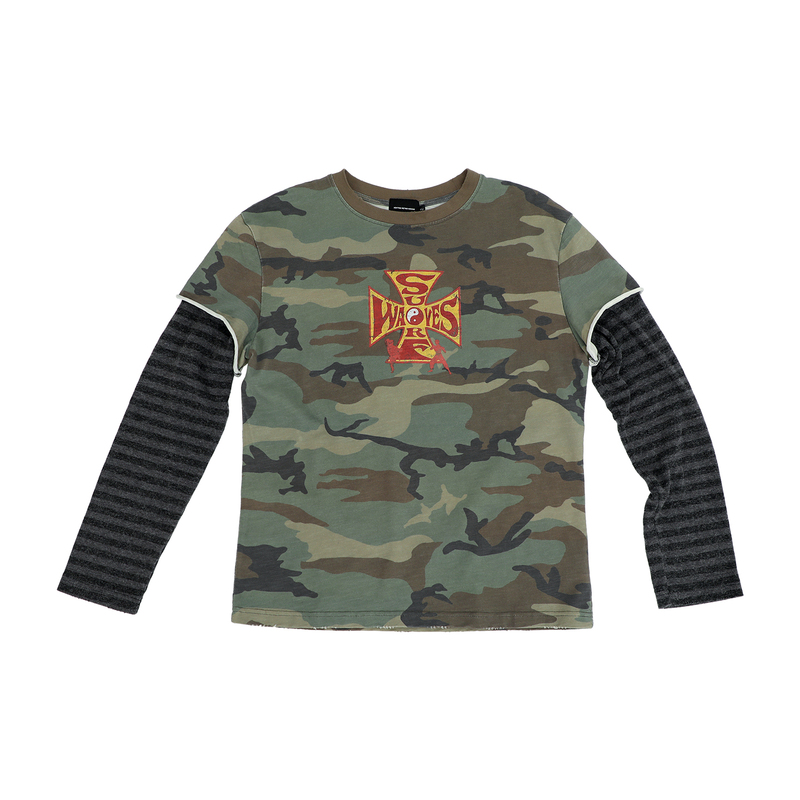 Xentric Washed Vintage Camouflage Black and Gray Striped Kangli Print Retro Street Style Fake Two-Piece Long-Sleeve T-Shirt Xentric Washed Vintage Camouflage Black and Gray Striped Kangli Print Retro Street Style Fake Two-Piece Long-Sleeve T-Shirt