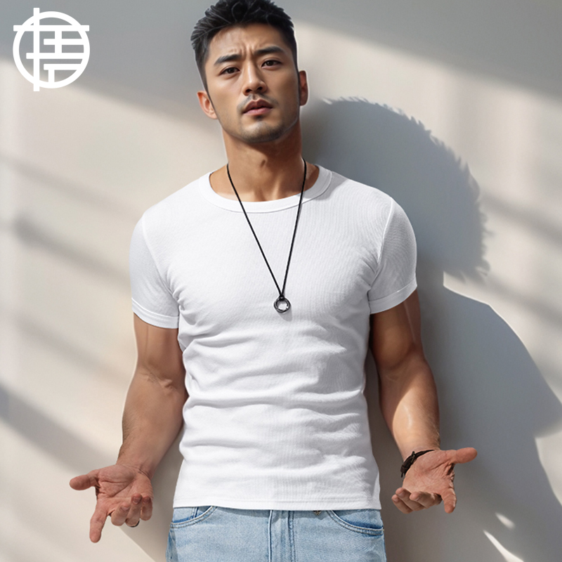 ヘビースレッド半袖メンズTシャツ無地コットンスリムタイトマッスル弾性半袖ボトム2025夏新作