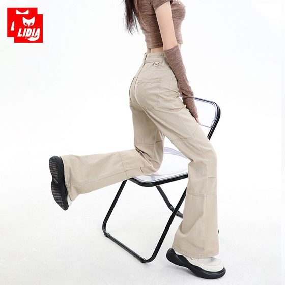 卡其色喇叭裤工装裤女春季2025新款高级感美式阔腿拖地微喇牛仔裤