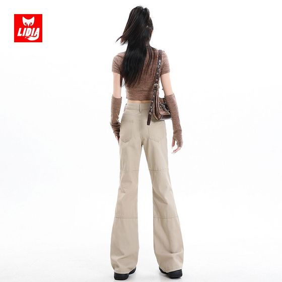 卡其色喇叭裤工装裤女春季2025新款高级感美式阔腿拖地微喇牛仔裤