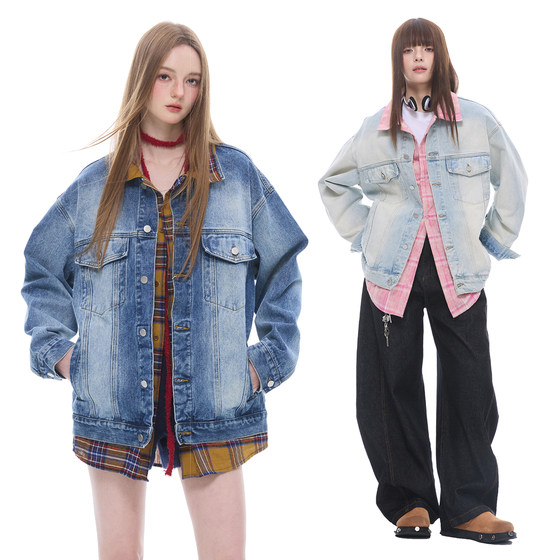 ZEXO美式复古撞色翻领假两件宽松水洗做旧牛仔外套潮百搭