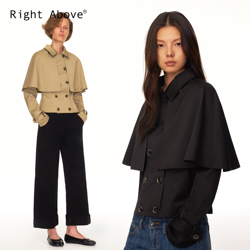 Right Above Twill Acetate Wool Double-Breasted Detachable Cape Waist-Tightening Short Trench Coat for Autumn and Winter