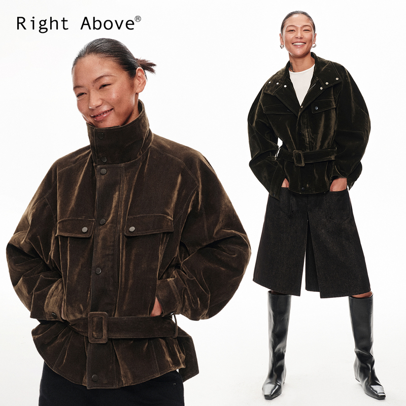 Right Above 26Ss Washed Velvet Waist-Cinching Short Jacket Early Spring New Vintage Green/Olive Brown