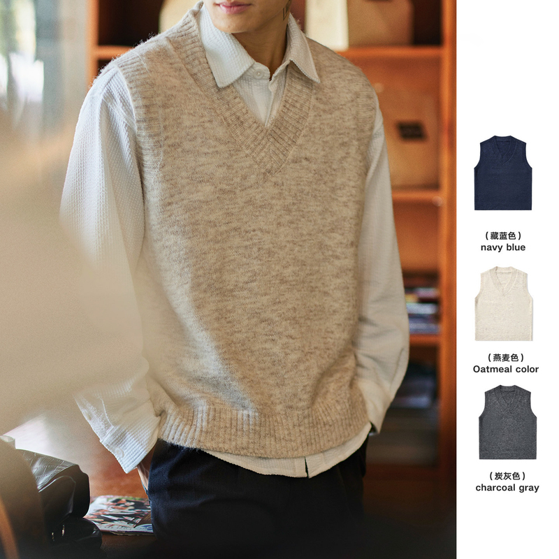[Tokyo Harajuku] Wool Blend V-Neck Sleeveless Sweater Vest for Men, Autumn and Winter Knitwear Vest