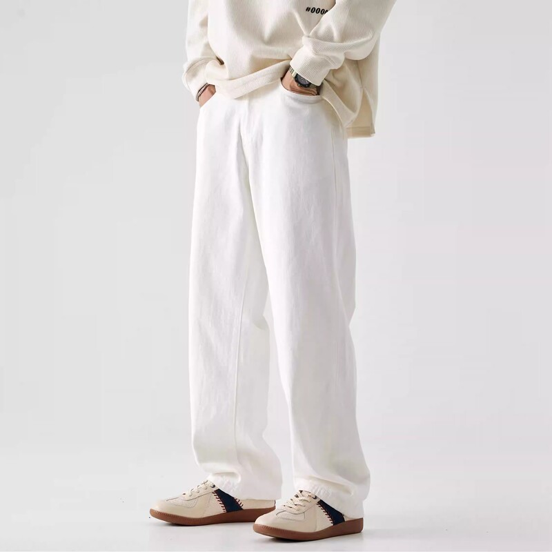 [Tokyo Harajuku] Japanese Cleanfit Imported White Simple Autumn Jeans for Men, Loose Straight-Leg Style