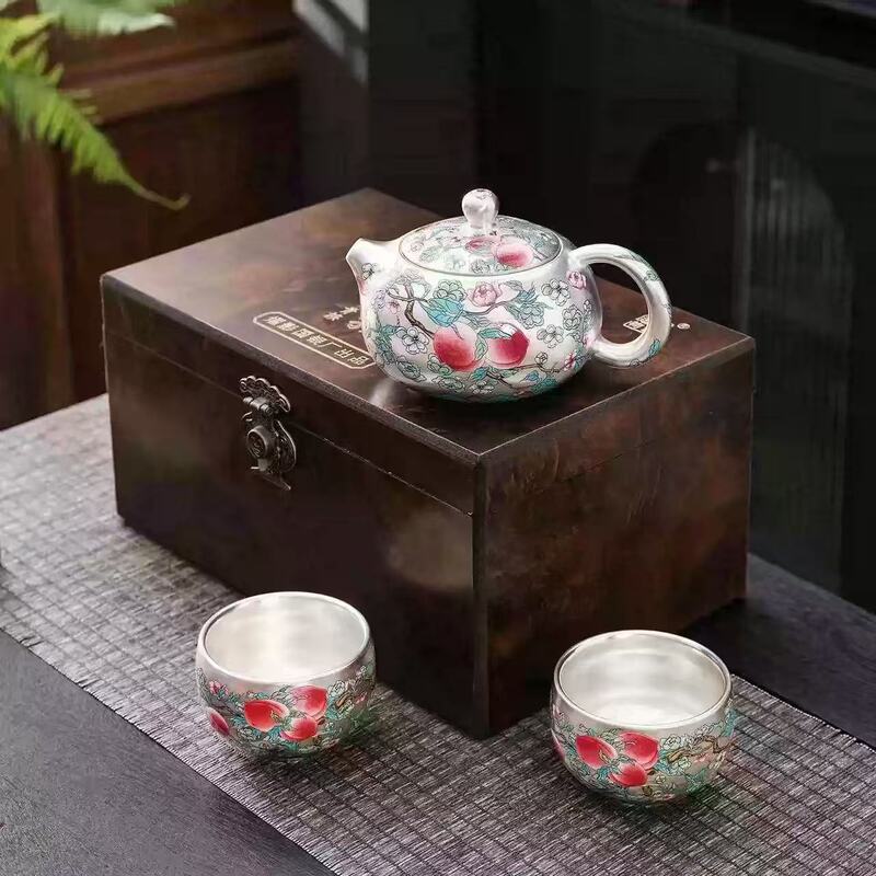 Yao Ying Creation Nine Peach Tea Set, One Pot and Two Cups, Porcelain with Silver Plating, Comes with Gift Box