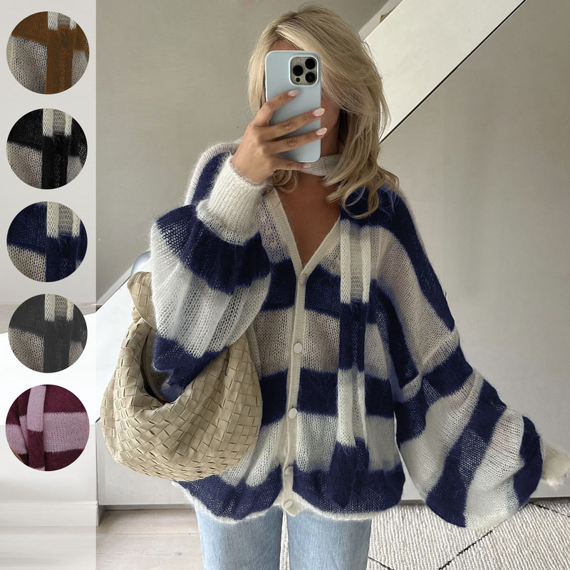 2024 Cross-Border Amazon Aliexpress Independent Site Autumn and Winter Hot-Selling Loose and Lazy Striped Sweater Cardigan with Scarf