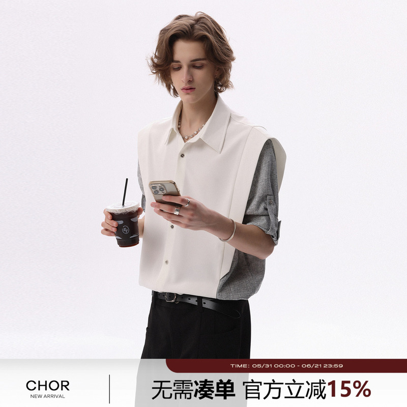 Chor American-Style Fake Two-Piece Striped Patchwork Short-Sleeve Shirt for Men, New Summer Men's Clothing, Sleeveless Shirt with Three-Quarter Sleeves Chor American-Style Fake Two-Piece Striped Patchwork Short-Sleeve Shirt for Men, New Summer Men's Clothing, Sleeveless Shirt with Three-Quarter Sleeves