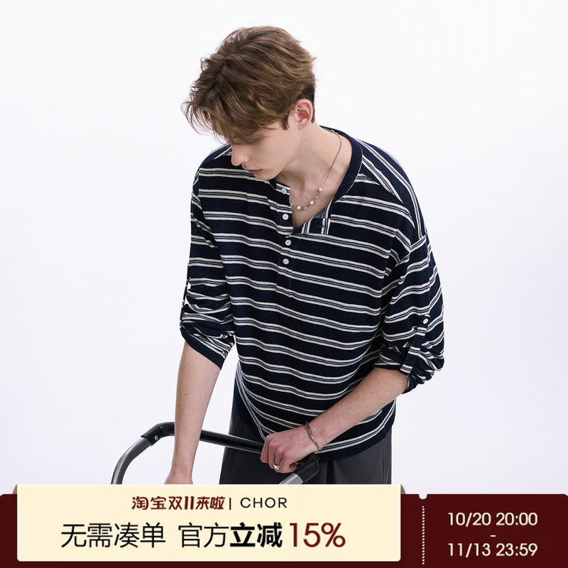 Chor New Style Lazy Urban Casual Long-Sleeve Top Snowflake Cotton Striped Half-Open Collar Shirt Pullover Loose Trendy