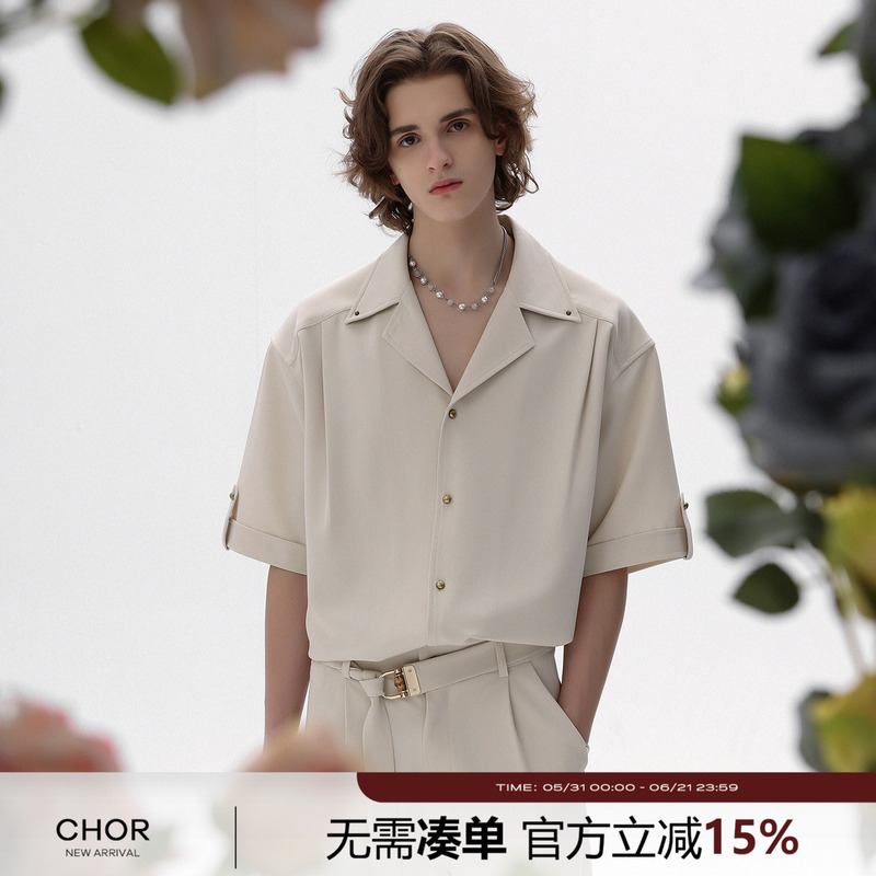 Chor Korean Style Summer New Suit Collar Casual Light Luxury Men's Short-Sleeved Shirt Set with Trendy and Loose Design