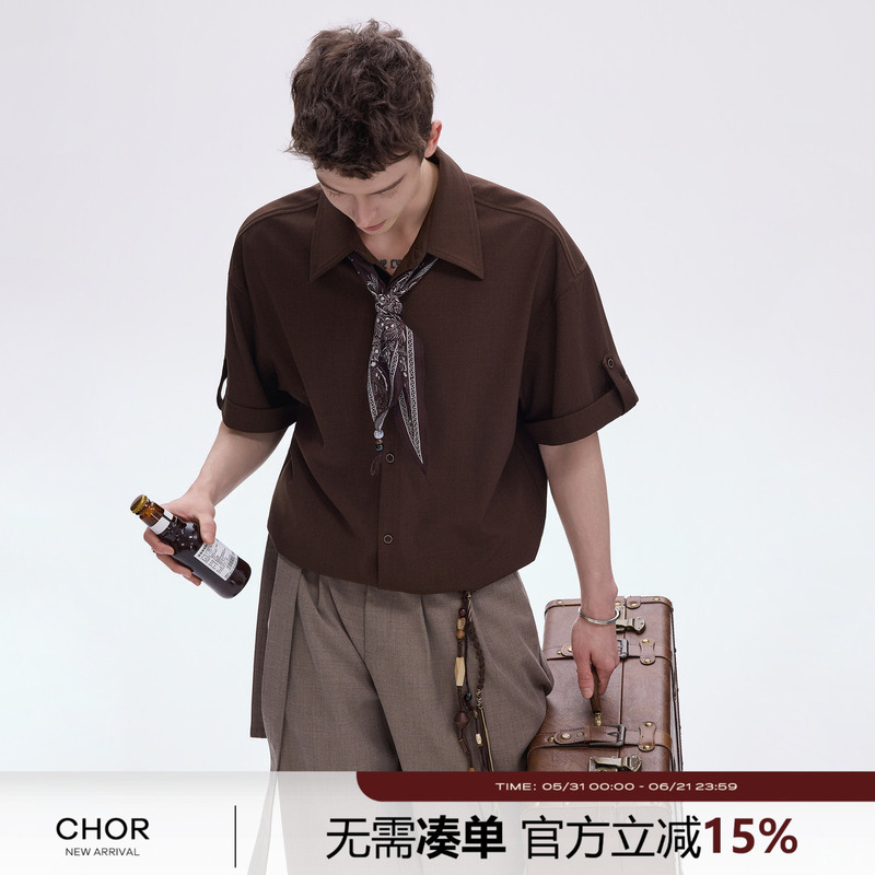 Chor Old Money Style Retro Short-Sleeved Shirt for Men and Women, New Summer Loose Casual Foldable Sleeve Shirt with Detachable Scarf Chor Old Money Style Retro Short-Sleeved Shirt for Men and Women, New Summer Loose Casual Foldable Sleeve Shirt with Detachable Scarf