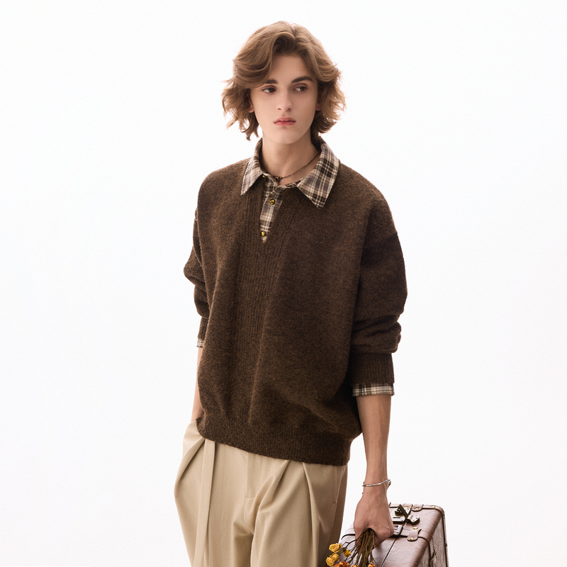 Chor New Winter Style Wool Blend Coffee-Colored Shirt Collar Fake Two-Piece Knitwear Men's Casual Plaid Sweater