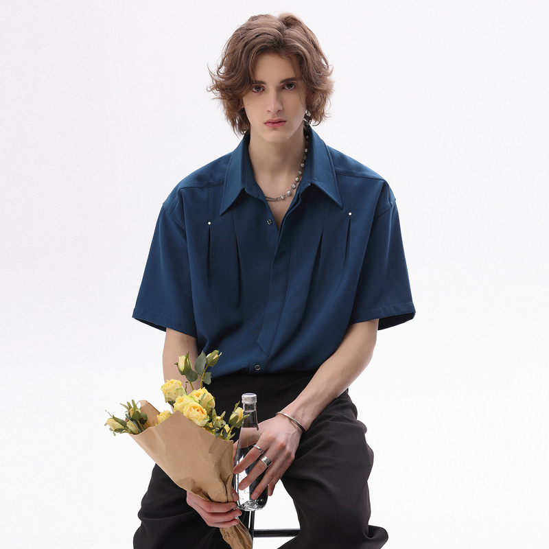 Chor American Retro Simple Solid Color Mandarin Collar Short-Sleeved Shirt for Men and Women, Loose, Fashionable, Casual Couple Shirt