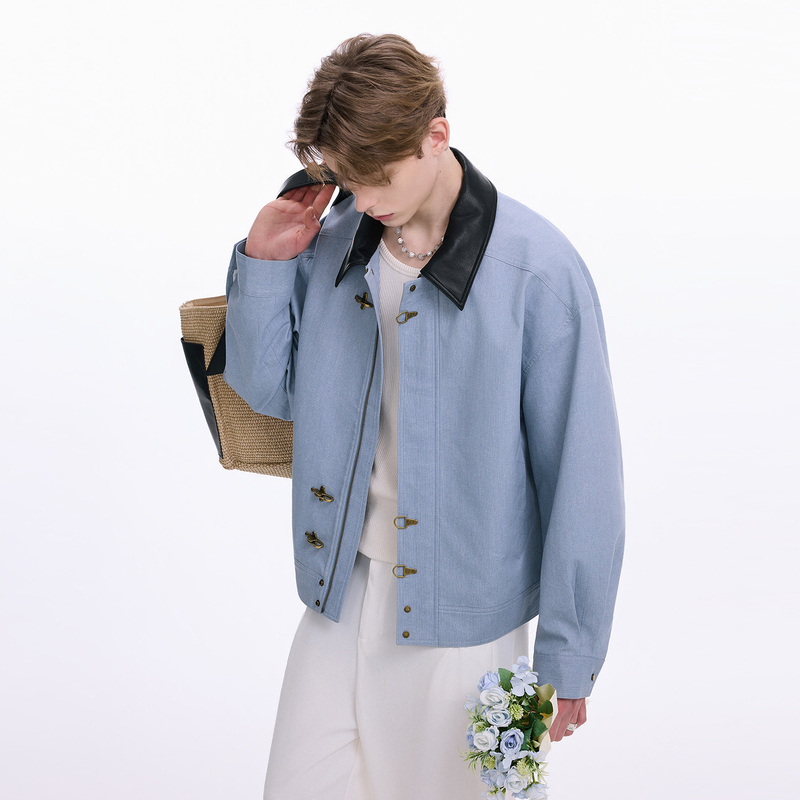 Chor Men's Cotton Jacket Ice Blue Color Block Collar Long Sleeve Cotton Coat Casual Style Turn-Down Collar Regular Length