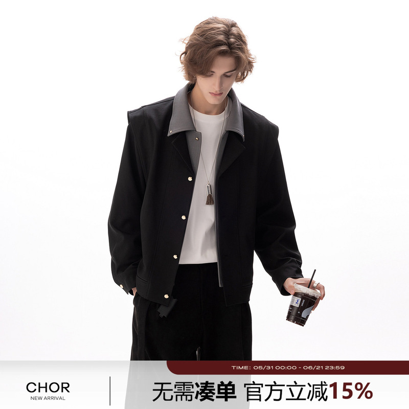Chor Autumn and Winter American Retro Style Structured Jacket for Men, High-End Design, Versatile and Trendy with a Turn-Down Collar