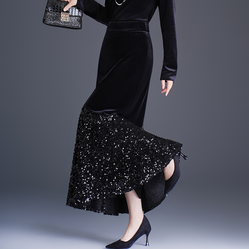 Black Sequined Long Skirt for Women, Autumn and Winter Style, Elegant A-Line Skirt, Shiny Velvet Patchwork Skirt, Elegant Bodycon Skirt