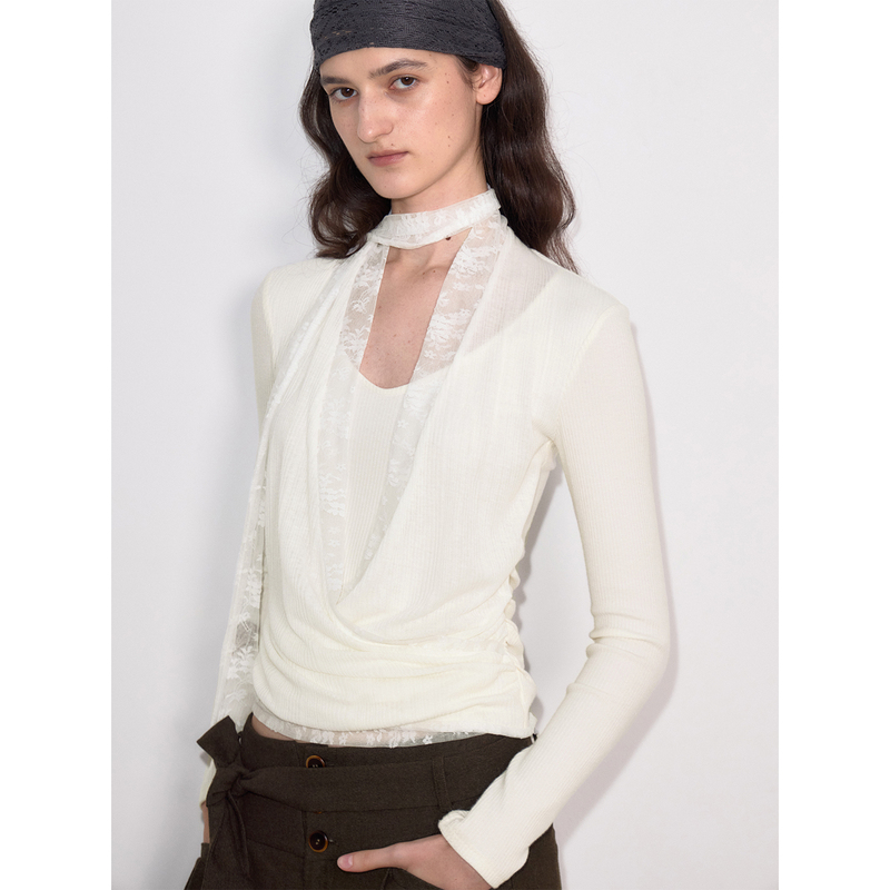 In Modo Diverso Original Overlapping Ruffle Collar Lace Patchwork Faux Two-Piece Ribbon Long-Sleeve T-Shirt for Women, Autumn and Winter In Modo Diverso Original Overlapping Ruffle Collar Lace Patchwork Faux Two-Piece Ribbon Long-Sleeve T-Shirt for Women, Autumn and Winter