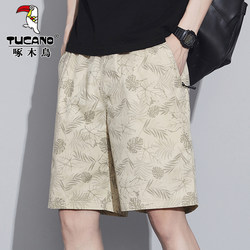 Woodpecker Print Shorts for Men, Pure Cotton, Summer Five-Point Beach Shorts, 2025 New Trendy Brand Casual Outerwear Half-Leg Mid-Length Pants