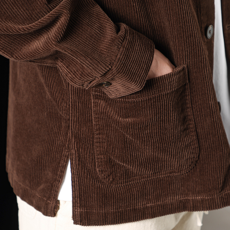 Thick Striped Pure Cotton Corduroy Vintage Long-Sleeve Shirt, Solid Color Simple Turn-Down Collar Versatile Outerwear Jacket