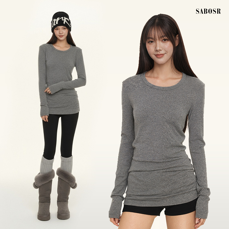 Gray Inner Layer Round Neck Mid-Length Tummy-Covering Base Layer Regular Shoulder Long-Sleeve Women's T-Shirt Slim-Fit Base Shirt Long Top Gray Inner Layer Round Neck Mid-Length Tummy-Covering Base Layer Regular Shoulder Long-Sleeve Women's T-Shirt Slim-Fit Base Shirt Long Top