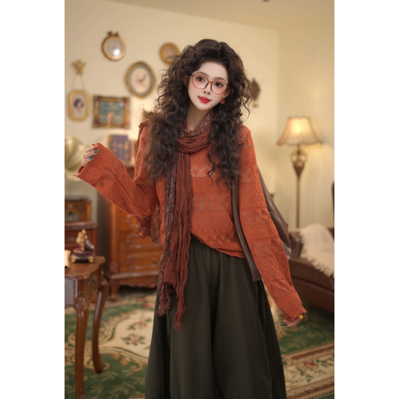 Kuojijia【Autumn Breeze】Hong Kong Style Retro Hollow Out Top 2026 Autumn Loose Versatile Long Sleeve Knitwear