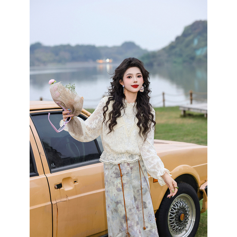 Kuojia【Rococo】Elegant Women's Shirt 2026 New Lace Patchwork Spring Short Long-Sleeve Top