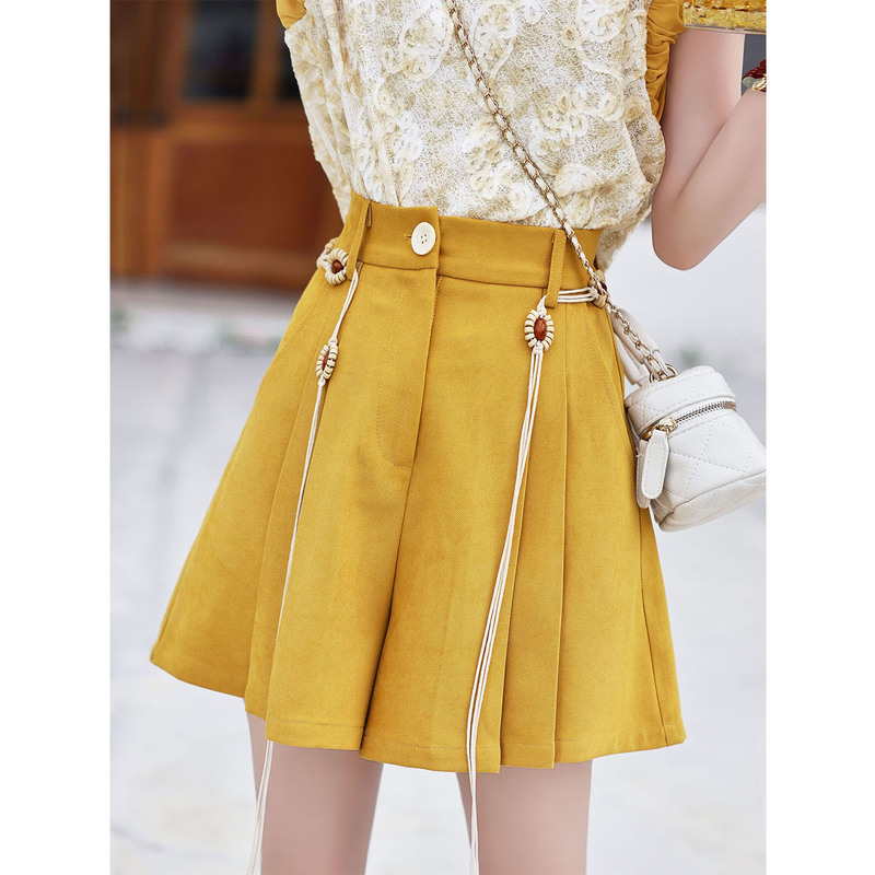 Kuojia【Pineapple Ice】Retro High-Waisted Shorts for Women, Suitable for Wearing Outside in Summer, Wide-Leg, Loose, Casual, Versatile A-Line Skirt Pants