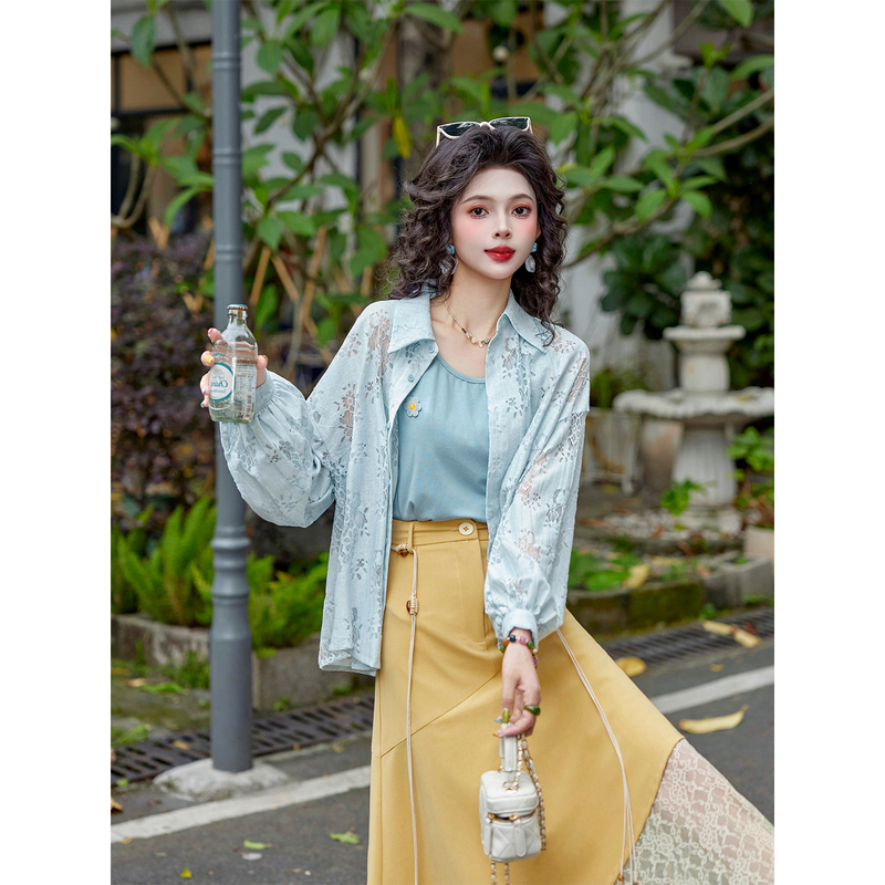 Kouzi Home【The Beauty of Lace】Light Blue Hollow Lace Shirt for Women, Summer Design Long Sleeve Sun Protection Top