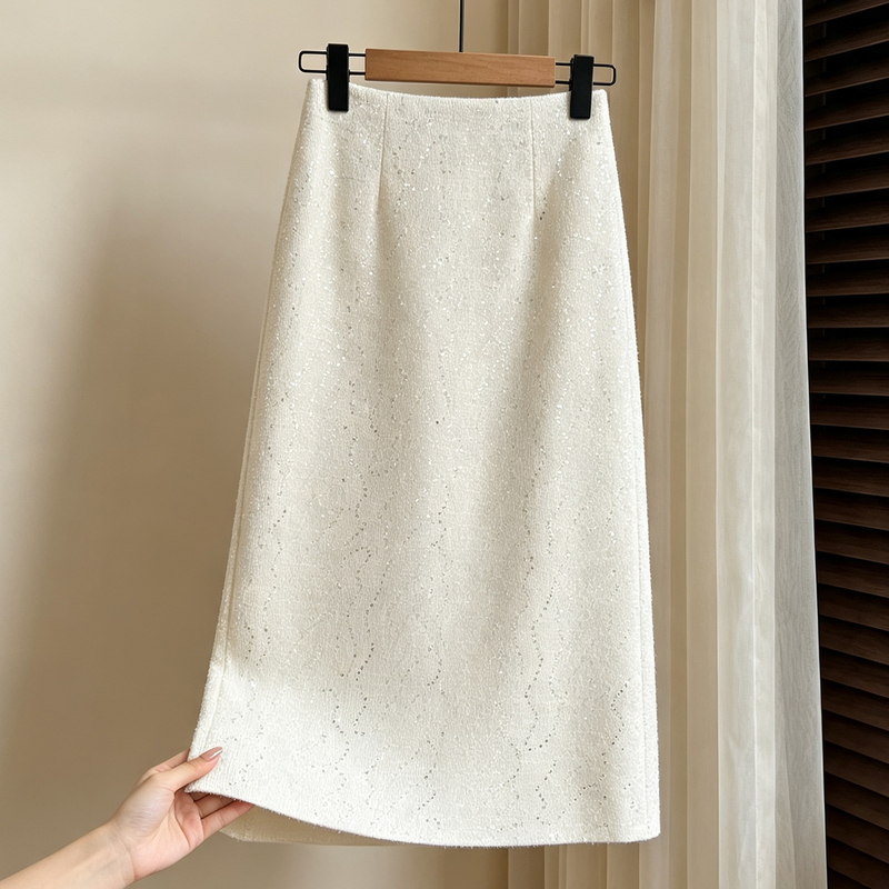 White Tweed-Style Sequin Straight Skirt for Women, 2026 New Autumn Mid-Length High-Waisted Elegant Pencil Skirt