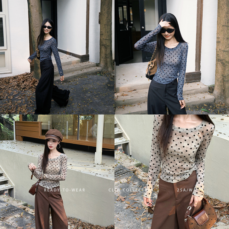 Cai Cai [Micro-Adjusted Mojito] Petite Autumn Korean Style Slimming Flocked Polka Dot Silver Thread Versatile Top