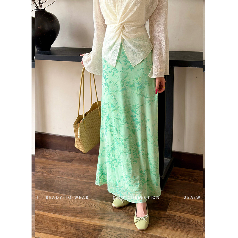 Cai Cai【Green Mist Dyeing Flowers】Summer Printed A-Line Skirt for Petite Figures, Slimming and Height-Enhancing, Versatile Half-Skirt Cai Cai【Green Mist Dyeing Flowers】Summer Printed A-Line Skirt for Petite Figures, Slimming and Height-Enhancing, Versatile Half-Skirt